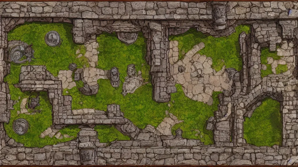 Prompt: wide establishing shot of a dungeons and dragons battle map, top view of inside of the inside of a castle, dynamic composition, dramatic lighting, trending on artstation, digital art, stylized painting, rpg, tabletop role playing game, d & d, roll 2 0