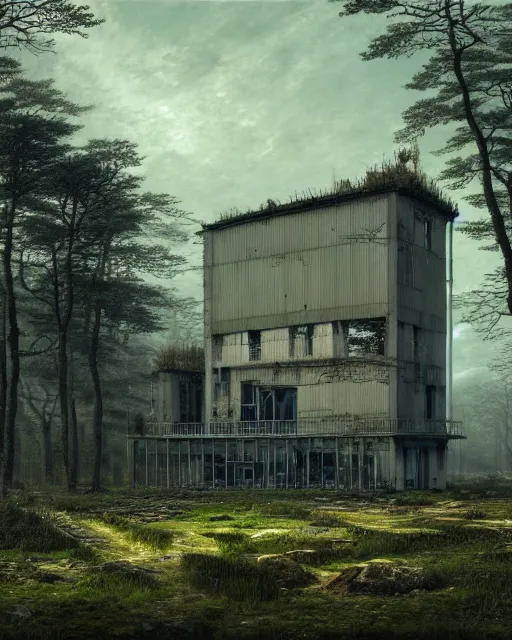 Image similar to a beautiful very detailed illustration of blockhouse industrial architecture building unfinished building nature abandoned architecture urbex by caspar david friedrich, sci - fi vaporwave uv light, archdaily, wallpaper, highly detailed, trending on artstation.