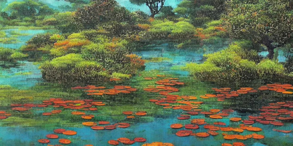 Prompt: pond landscape, by feifei ruan, intricate, sharp focus, detailed, serenity, lively colors