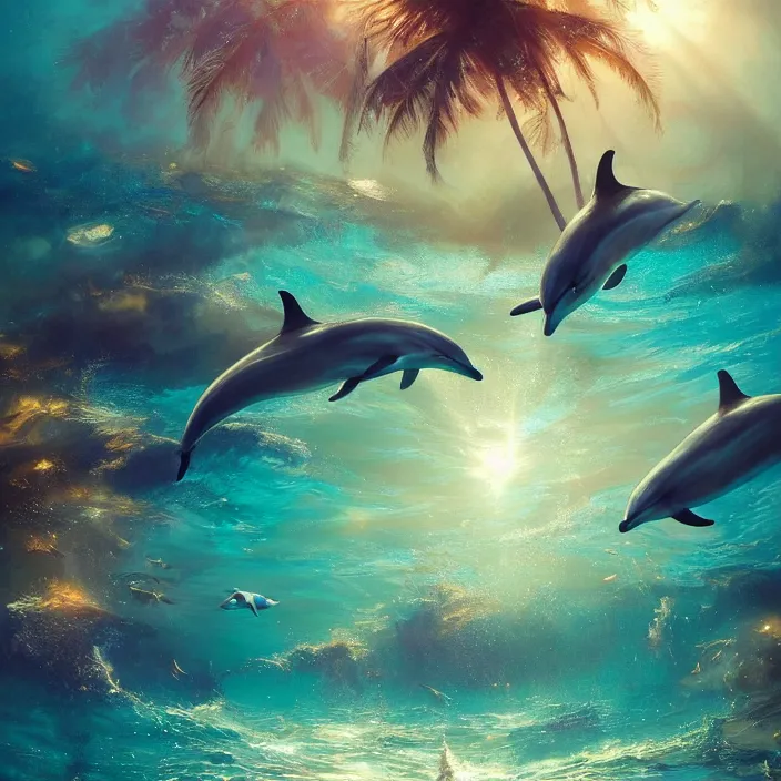 Image similar to dolphins swimming underwater, golden hour, god rays, coral reef, dreamscape by artgerm and ruan jia and ismail inceoglu and greg olsen, cosmos, milky way galaxy, masterpiece, beautiful, intricate, elegant, highly detailed, palm trees