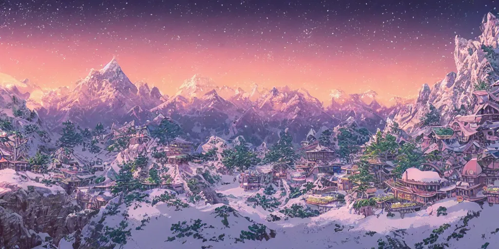 Prompt: the aesthetic view of the beautiful, grand, wistful, dreamy snowcapped mountain at dusk, hyperrealistic anime illustration by iralki nadar, colorful, extremely detailed, intricate linework, super sharp focus, bright colors, octopath traveler, studio ghibli, unreal engine 5 highly rendered, global illumination, radiant light, detailed and intricate environment