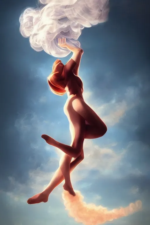 Image similar to a woman) floats in the air surrounded by a hand-shaped cloud of smoke by Artgerm