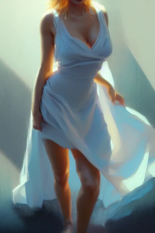 Prompt: cinematic shot of blonde female actress with amazing figure, short dress, shiny skin, sexy, small details, realistic poster with volumetric light from jeremy lipkin and michael garmash, craig mallism, artgerm, unreal engine, radiant light, digital art, trends at art station, a masterpiece