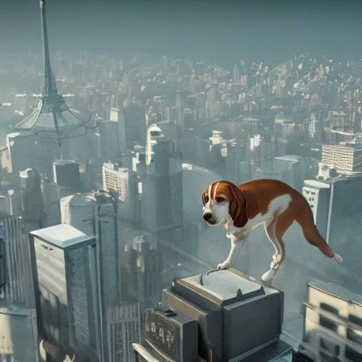 Image similar to gigantic 1 0 0 0 metres beagle walking over a city, epic cinematic, 4 k, very high detail, epic scale