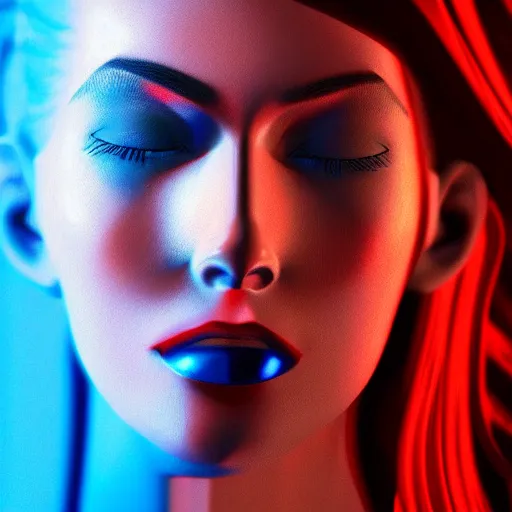 Image similar to Model-looking woman in color, cyberpunk era 2077, red hair, coral lips blue shadow, Edward Hopper style