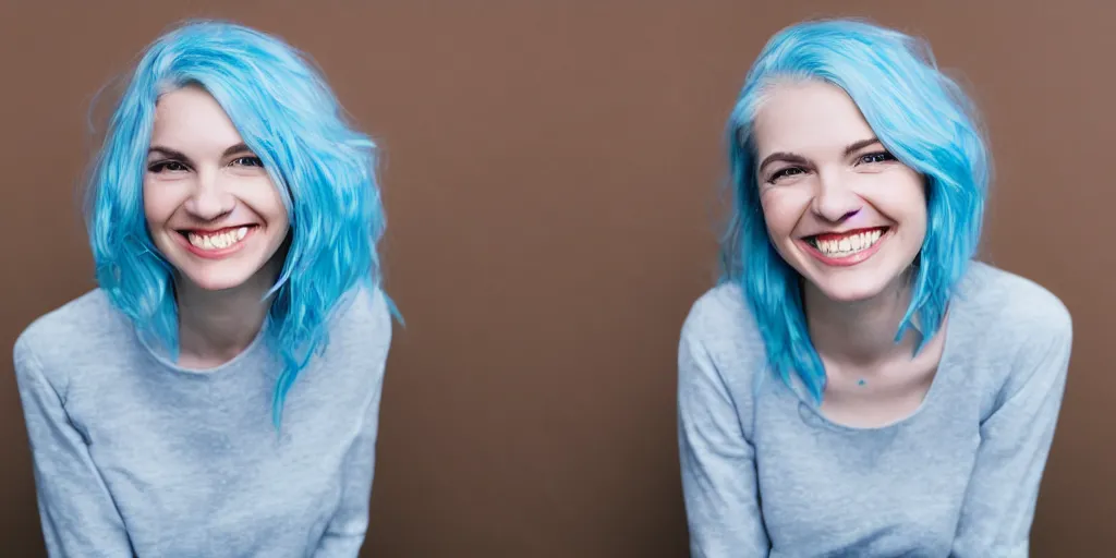 Prompt: White woman with Blue hair smiling,