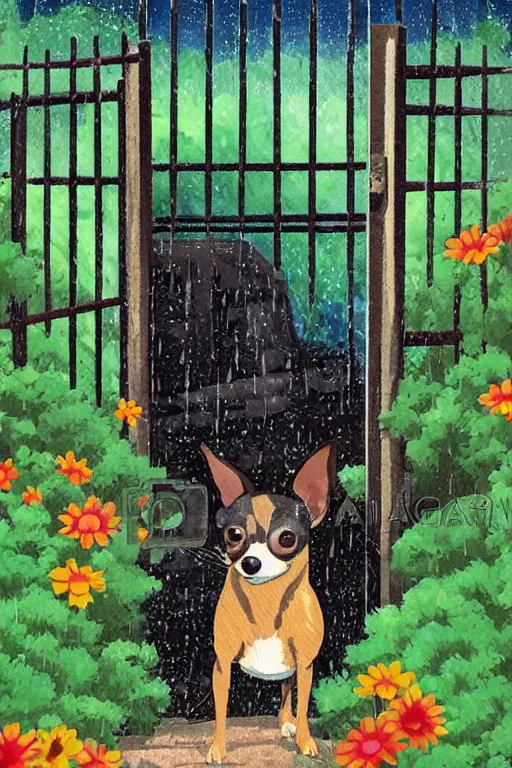 Prompt: A black and tan chihuahua looks through her garden gate, cel shaded cartoon in the style of studio Ghibli, stormy weather, raining, wet, morning, cinematic lighting