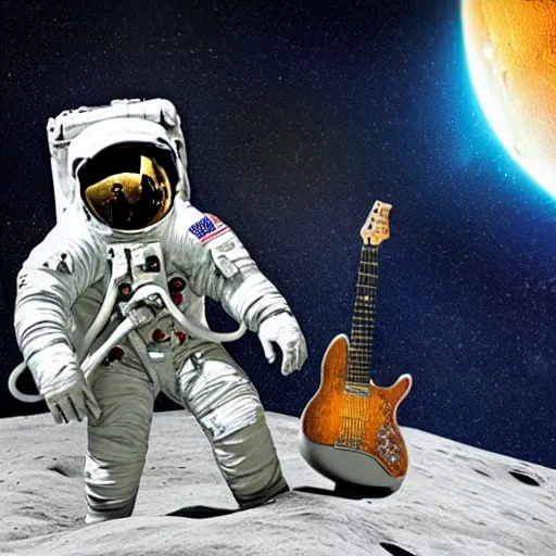 Prompt: a photo of a detailed, realistic, sitting idle, regular sized electric guitar next to a beer can and an astronaut chilling on the moon surface. detailed photo. realistic photo