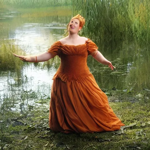 Prompt: Fiona from Shrek, dancing in a dress in a swamp