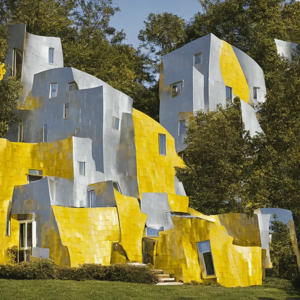 Prompt: a small house, designed by Frank Gehry. Big Tiles. Film grain, cinematic, yellow hue