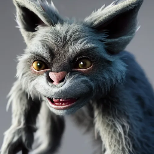 Image similar to full body pose, hyperrealistic photograph of a cute fuzzy goblin monster, dim volumetric lighting, 8 k, octane beautifully detailed render, extremely hyper detailed, intricate, epic composition, cinematic lighting, masterpiece, trending on artstation, very very detailed, stunning, hdr, smooth, sharp focus, high resolution, award, winning photo, dslr, 5 0 mm