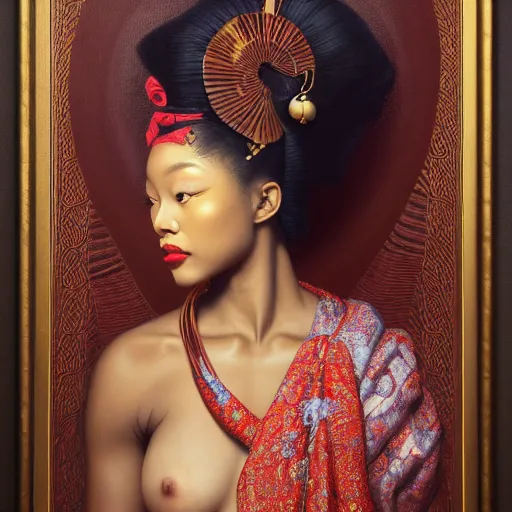 Prompt: highly detailed oil painting | very intricate | cinematic lighting | award - winning | the african geisha in an exquisite himba kimono | by roberto ferri, by tom bagshaw, by j. c. leyendecker and klimt, beautiful cinematic light, american romanticism, by austin osman spare, artstation, cgsociety, official art, octane