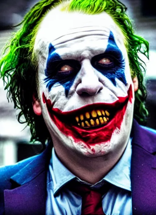 Prompt: film still of boris johnson as joker in the new joker movie, 4 k