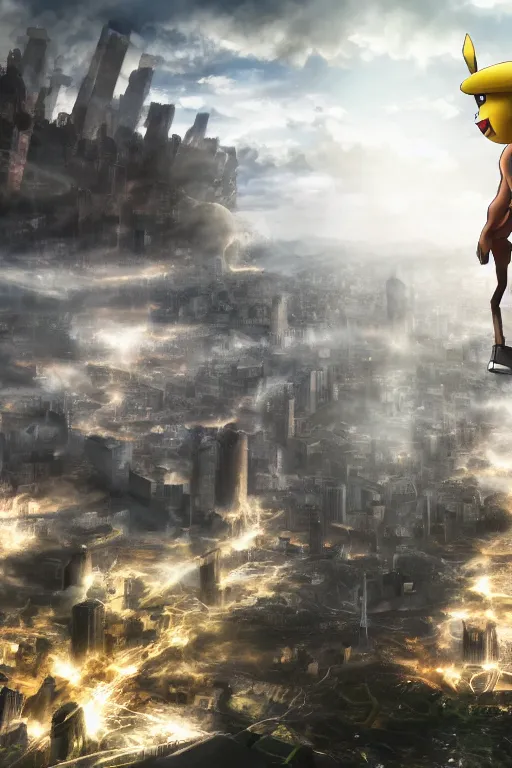 Prompt: the pikachu collosal titan, 4 k screenshot from attack on titan, hyper detailed massive obama towering above, 8 k realistic, trending in artstation, digital painting, studio quality, cryengine