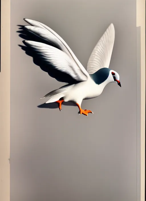 Image similar to realistic color photo of stray white pigeon with multiple wings, front view, grain 1 9 9 0, life magazine reportage photo, metropolitan museum photo