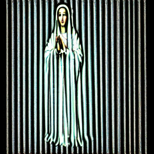 Image similar to vhs static overlay of marian apparition, vhs, 1 9 9 0, beautiful, highly realistic, highly detailed, vhs noise static, black and white, vhs glitch