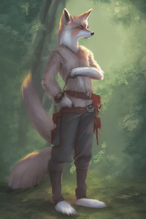 Image similar to an anthropomorphic medieval fox with a fluffy tail in the forest, trending on artstation, trending on furaffinity, digital art, by kawacy, anime, furry art, warm light, backlighting