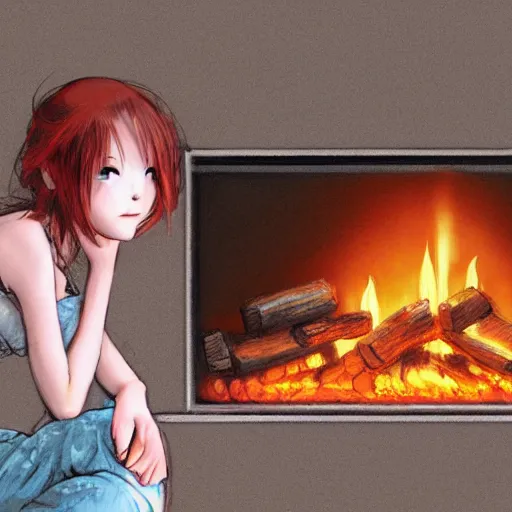 Prompt: girl sitting next to a fireplace, digital art, by Yoshitaka Amano, trending on artstation