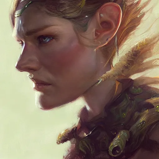 Image similar to A head-on detailed oil portrait of a distinguished elf woman with small curly copper horns, long blonde hair and bright irises, by greg rutkowski, trending on artstation, dungeon and dragons art