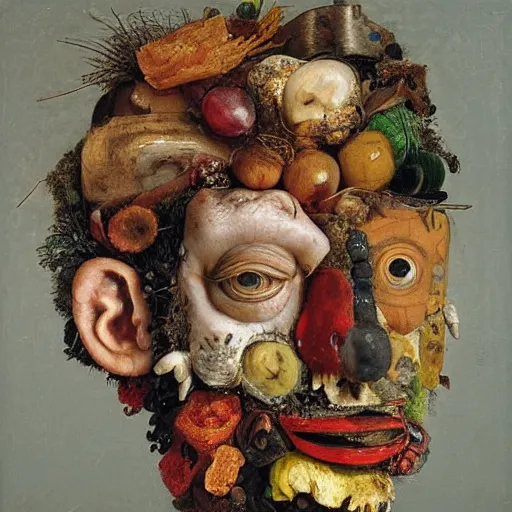 Prompt: a head made out of trash by giuseppe arcimboldo, oil on canvas