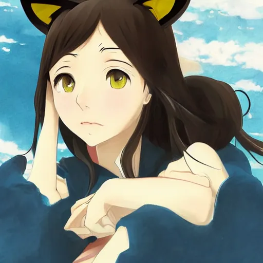 Prompt: anime girl with cat ears in the style of mona lisa, anime art, digital art, by makoto shinkai, by studio ghibli