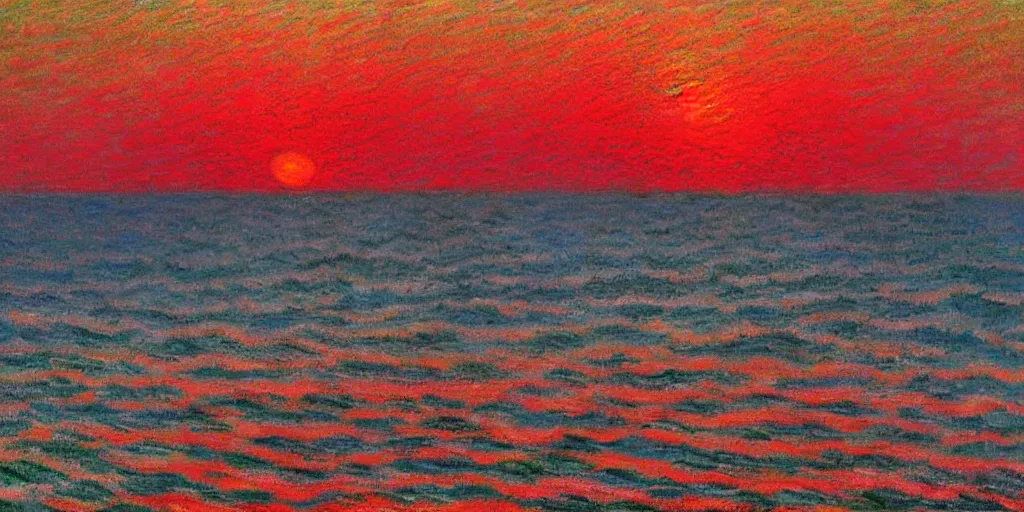Prompt: An aesthetically pleasing, dynamic, energetic, lively, well-designed digital art of a sunset, beach, ship on horizon, light and shadow, caustics, by Claude Monet, superior quality, masterpiece, excellent use of negative space.
