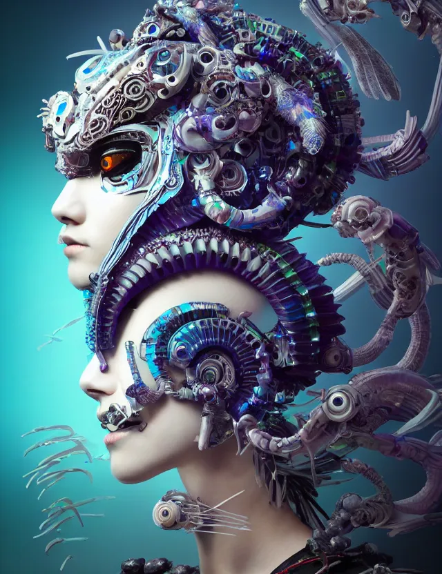 Image similar to 3 d goddess cyborg close - up profile portrait with ram skull. beautiful intricately detailed japanese crow kitsune mask and clasical japanese kimono. betta fish, jellyfish phoenix, bio luminescent, plasma, ice, water, wind, creature, artwork by tooth wu and wlop and beeple and greg rutkowski