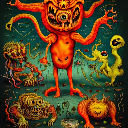 Image similar to bizarre whimsical uncanny bestiary of repressed unconscious emotional monsters and creatures in a fiery alchemicla lab