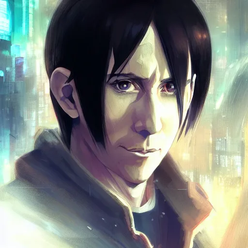 Image similar to An anime portrait of Trent Reznor in a cyberpunk setting, by Stanley Artgerm Lau, WLOP, Rossdraws, James Jean, Andrei Riabovitchev, Marc Simonetti, and Sakimichan, tranding on artstation