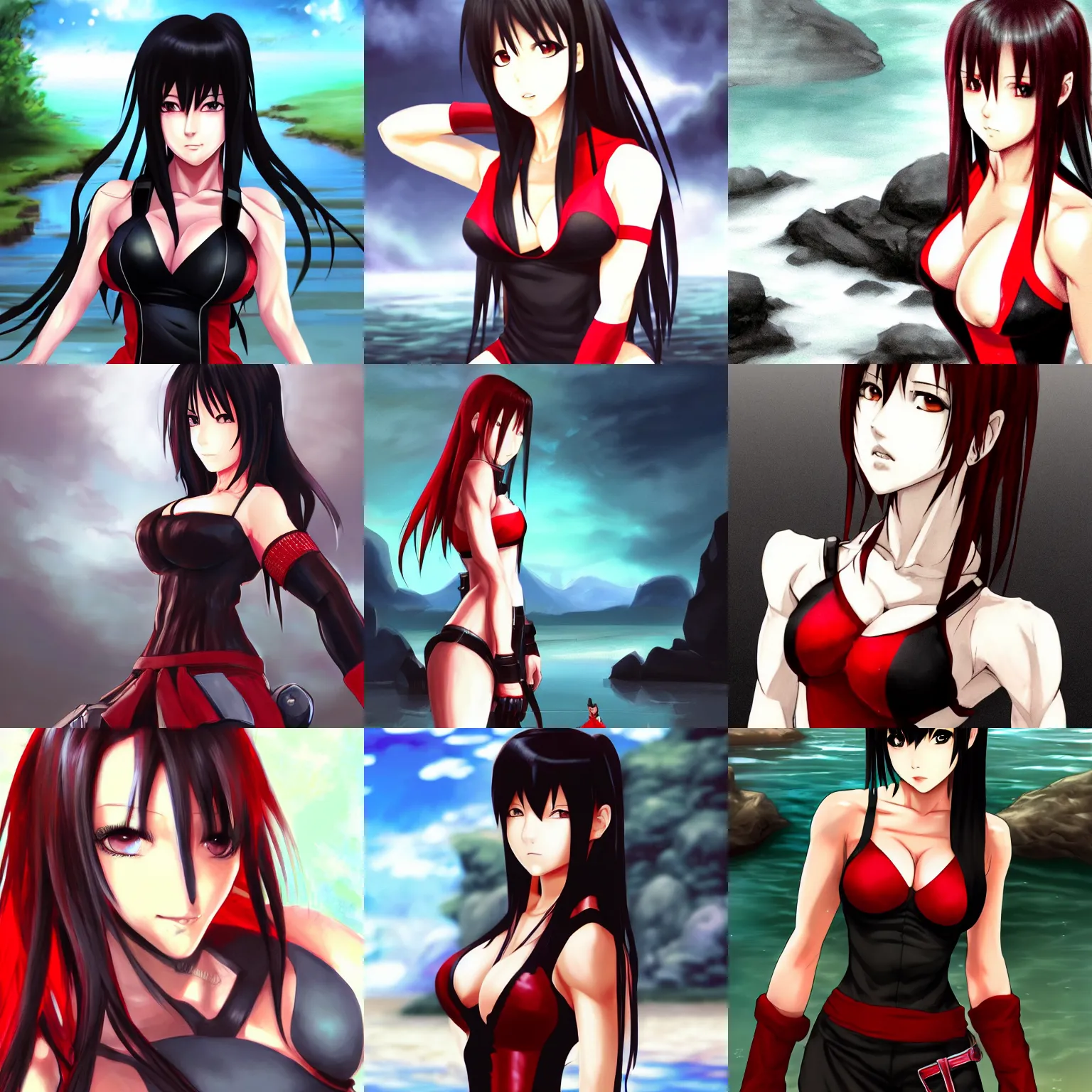 Prompt: portrait of tifa lockhart standing by a river, black and red colors, anime fantasy illustration by tomoyuki yamasaki, kyoto studio, madhouse, ufotable, trending on artstation