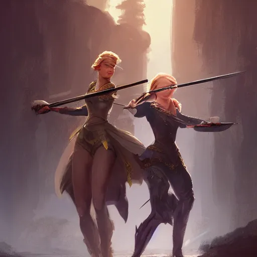 Image similar to Jennifer Lawrence and Elle Fanning as archers by Stanley Artgerm Lau, WLOP, Rossdraws, Frank Frazetta, Andrei Riabovitchev, Marc Simonetti, trending on artstation.