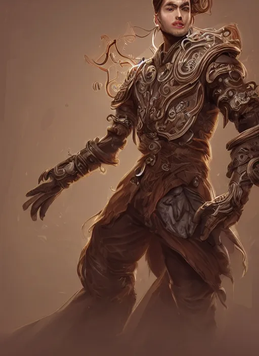 Image similar to a highly detailed illustration of thick wavy brown haired young white guy wearing brown coat and wearing face mask with many mechanical arms on his back, dramatic hands in pocket standing pose, intricate, elegant, highly detailed, centered, digital painting, artstation, concept art, smooth, sharp focus, league of legends concept art, WLOP