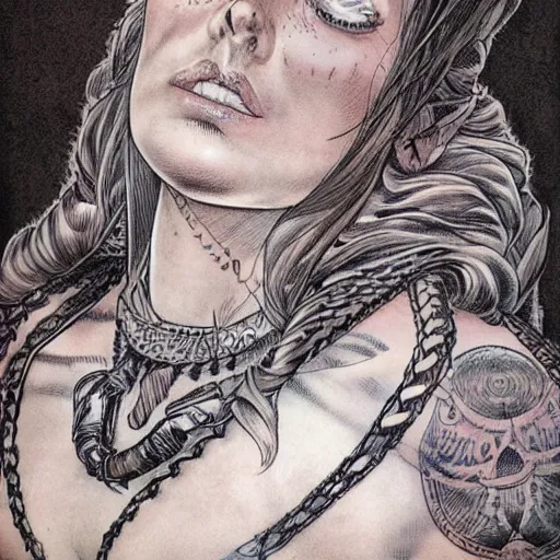 Image similar to a beautiful portrait of a heavily tattooed Roman woman Travis Charest style