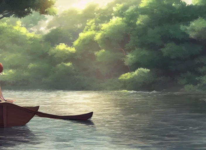 Prompt: a girl fishing on a wooden boat in a river, wide shot, peaceful and serene, incredible perspective, anime scenery by Makoto Shinkai, very detailed