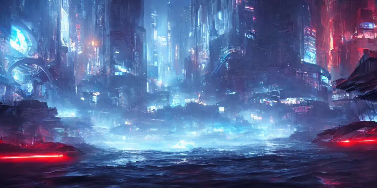 Prompt: turbulent river rapids rushing through a futuristic city at night , volumetric lighting, blue and red glowing lights, 4k, octane, digital painting, artstation, concept art, sharp focus, illustration, high contrast, high saturation , cinematic film still, by artgerm and greg rutkowski