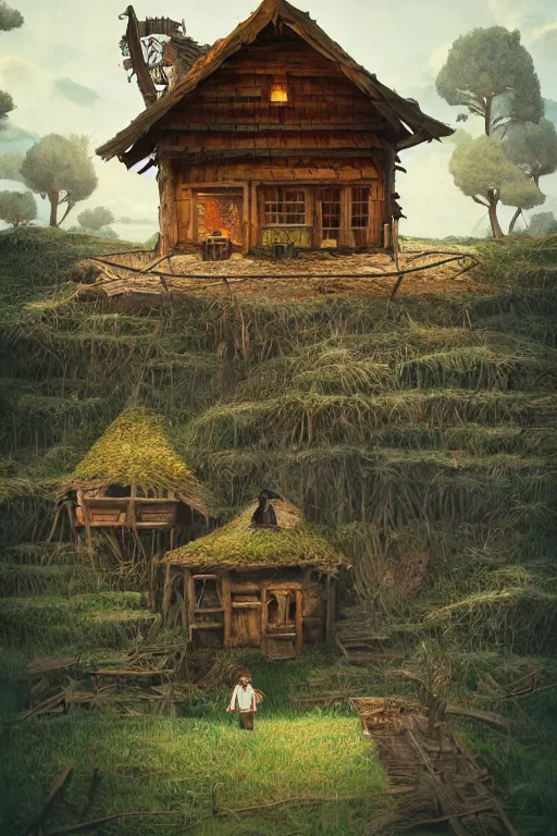 Prompt: an awesome twilight day concept art of old hut standing at giant hen's legs, by kengo kuma and wes anderson with village, mixed development, cgsociety, fantastic realism, artstation hq