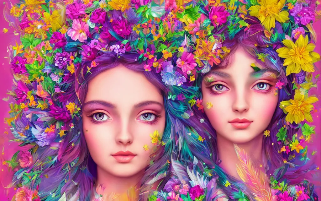 Image similar to a divine feminine goddess, rosey cheeks, sparkles on eyelids, surrounded by lush flowers and feathers in bright abstract colours ultra realistic digital painting, artstation, concept art, pop, smooth, sharp focus, illustration, art by mark ryden and lisa frank 3 d 8 k ultra detailed