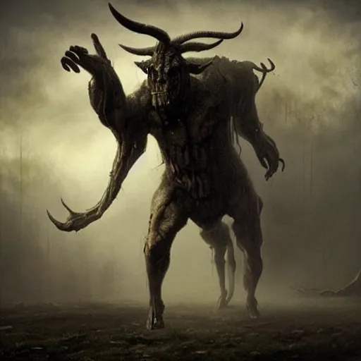 Image similar to a creepy atmospheric painting of a slender humanoid minotaur creature emerging from the mist. painting by greg rutkowski and hr giger.