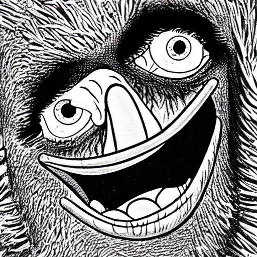 Image similar to big bird from sesame street, style of junji ito!!!!, black and white, undead