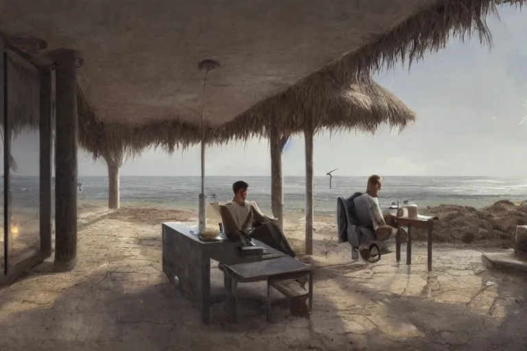 Prompt: a matte painting of a man sitting down and having a cup of tea in his house by the beach, by greg rutkowski, muted colors