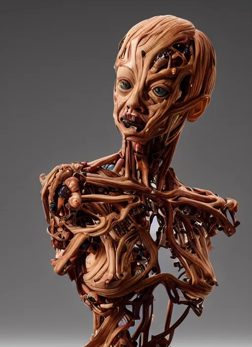 Image similar to a bust sculpture of anatomical detailed wood cyborg, emma stone, green blod, become human, ceramic base, orthographic, studio lighting