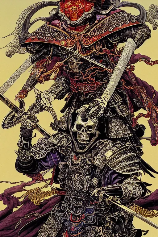 Image similar to portrait of a crazy skeletor warrior with the tang dynasty of china armor and helmet, by yoichi hatakenaka, masamune shirow, josan gonzales and dan mumford, ayami kojima, takato yamamoto, barclay shaw, karol bak, yukito kishiro