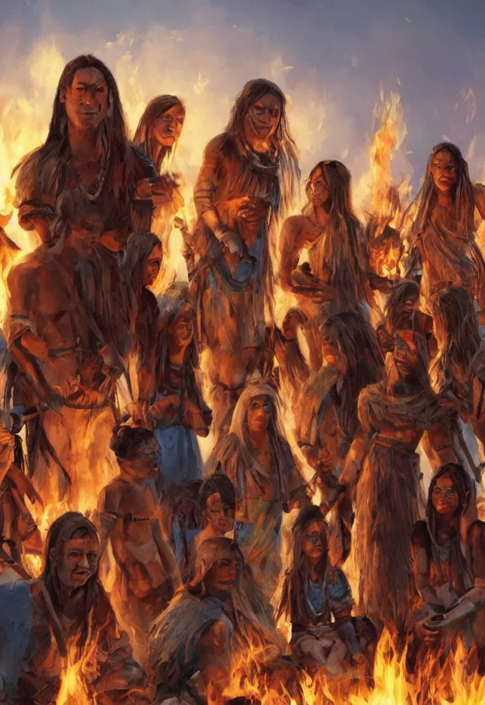 Image similar to realistic bonfire tribe gather with a pregnant woman as her leader, intense blue eyes, realistic, antartica