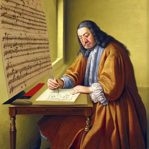 Image similar to highly detailed painting of bach writing a piece of music on a sheet of paper, he is inside of a wooden shack, 4 k resolution, by jaquis luis david, visible paint layers, renaissance.