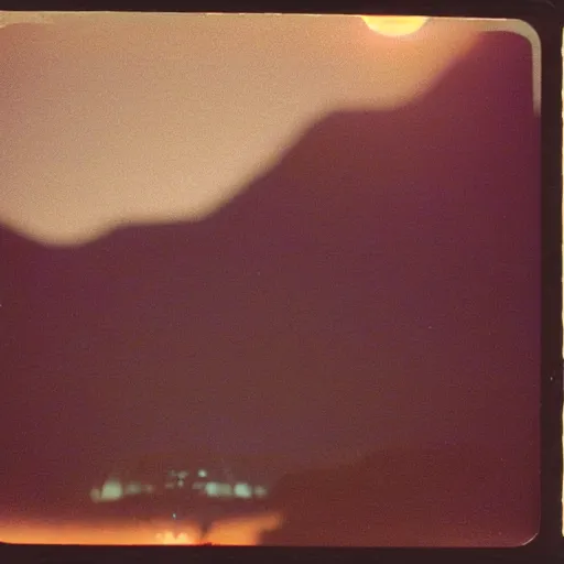 Image similar to a ufo flying over a distant mountain at night, blurry photo, historical photo, old polaroid, expired film,