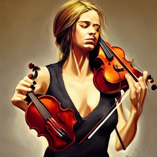 Image similar to woman violin, oil painting, artstation, dramatic lighting, symmetry, beautiful