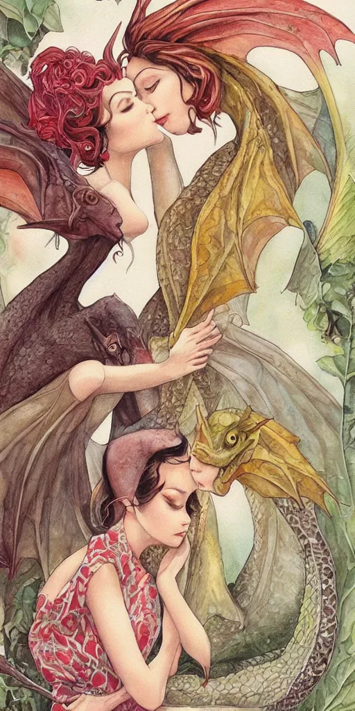 Image similar to greeting card, love, 2 beautiful dragons, by tran nguyen, warm colors, cozy