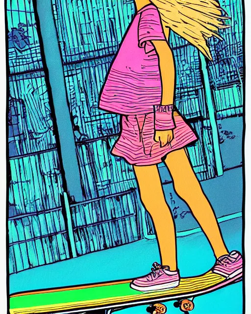 Prompt: wide shot of a young pretty skater skateboard skateboarder 1985 skatergirl style, graphic novel art by Jean Giraud, black and white, pastel color, neon color