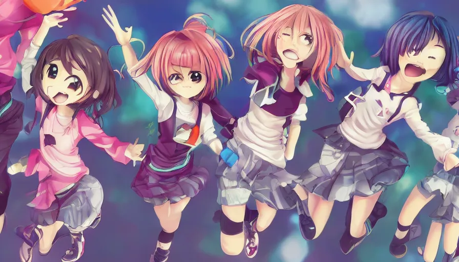 Image similar to three cute anime characters jumping, colorful outfits, realistic face, detailed face, detailed eyes, short miniskirts, lightly dressed, ultra detailed digital art, hyper real, detailed, group photo, ultra detailed, ground up angle