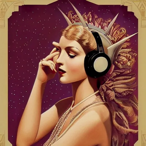 Prompt: intricate, amazing, art deco, retro vintage and romanticism, painting by march hares, soft color palette, highly detailed, godess with headphones from space sci - fi of ancient religion
